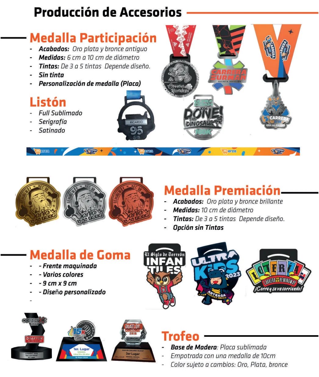 Infographic showing four types of custom accessories: participation medals, ribbons, gum medals, and trophies with specifications and design examples