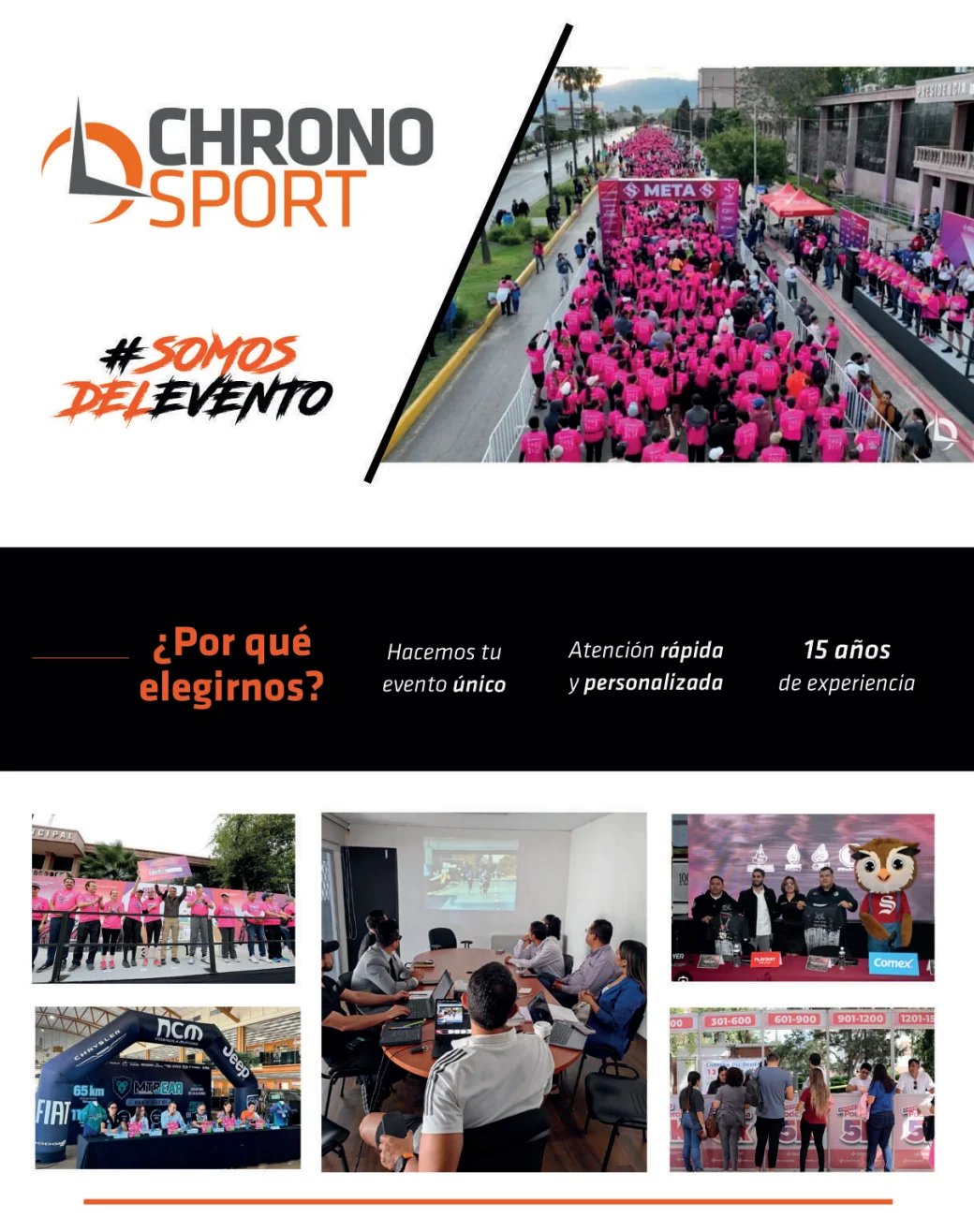 Chrono Sport event management website featuring large crowd in pink shirts and company overview with 15 years experience
