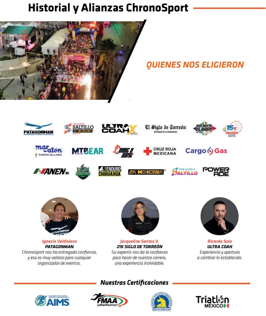 ChronoSport history and alliances page showing sponsor logos, team members, and certification badges