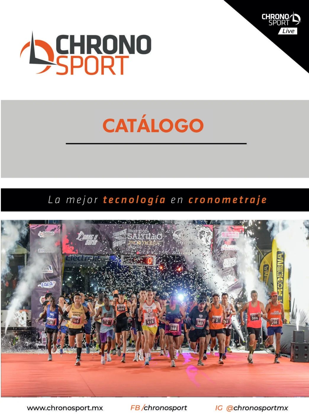 Chrono Sport catalog cover featuring runners at a race start with champagne celebration on red track