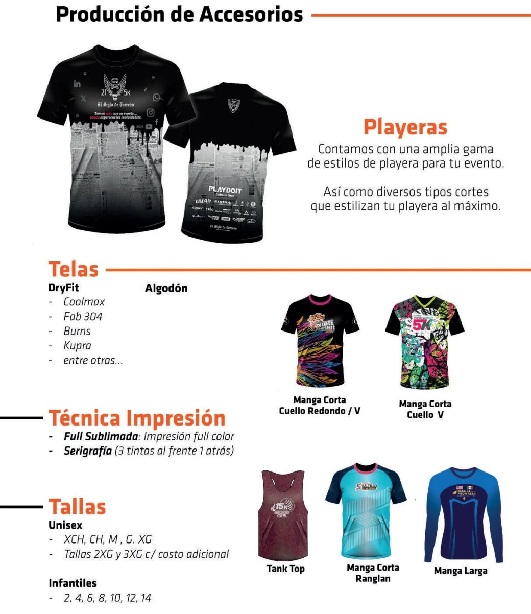 Producción de Accesorios catalog showing custom t-shirts, apparel telas, printing techniques, and available sizes for event merchandise