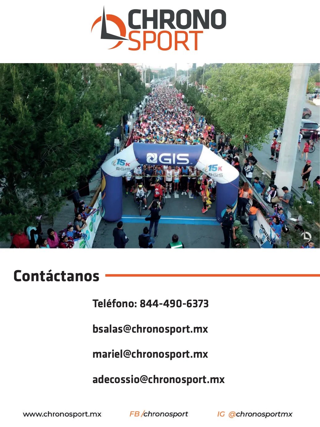 Chrono Sport logo with overhead view of crowded marathon race start line, contact information below