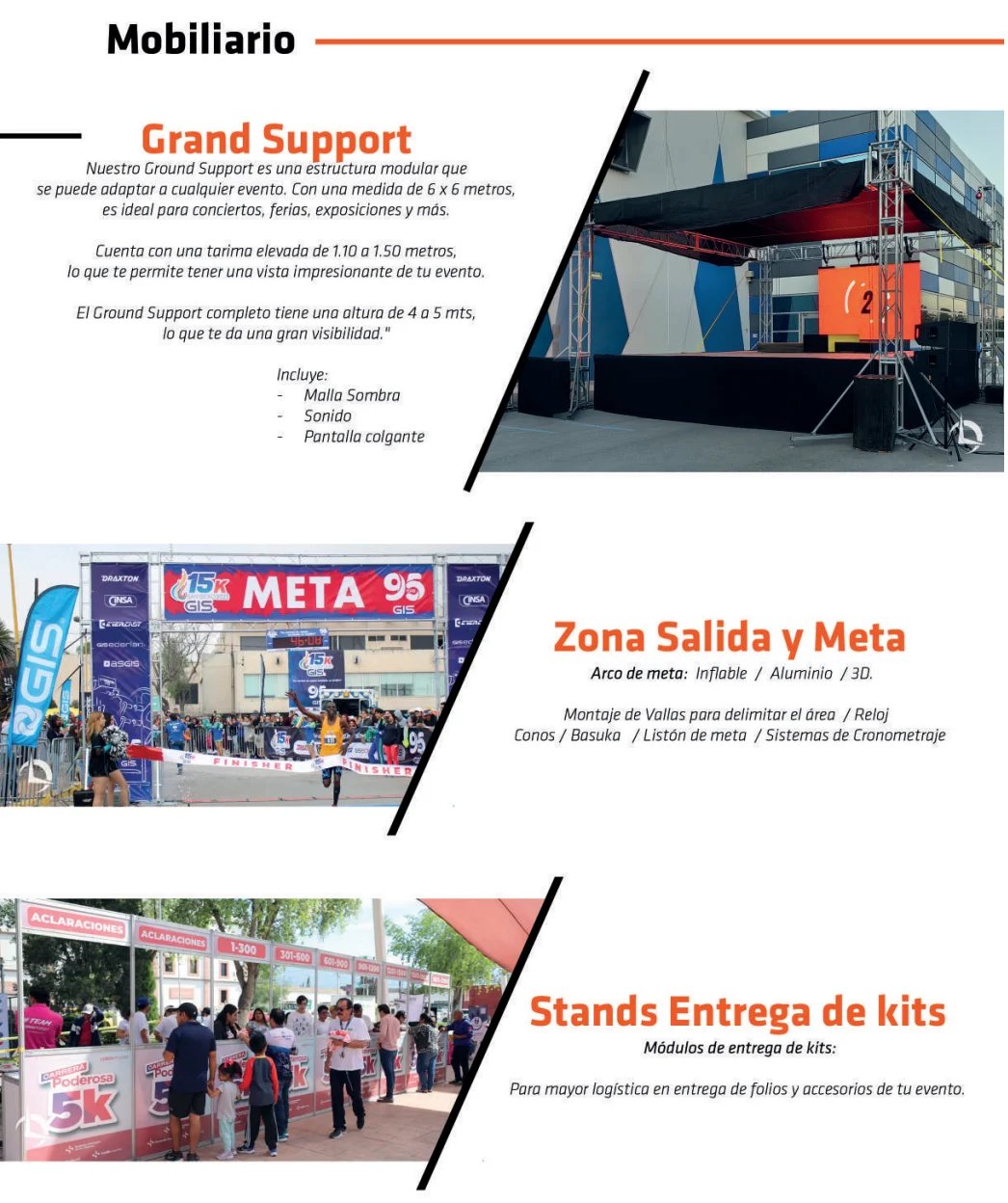 Mobiliario event services showcasing Grand Support structures, exit zone with branding, and kit distribution stands