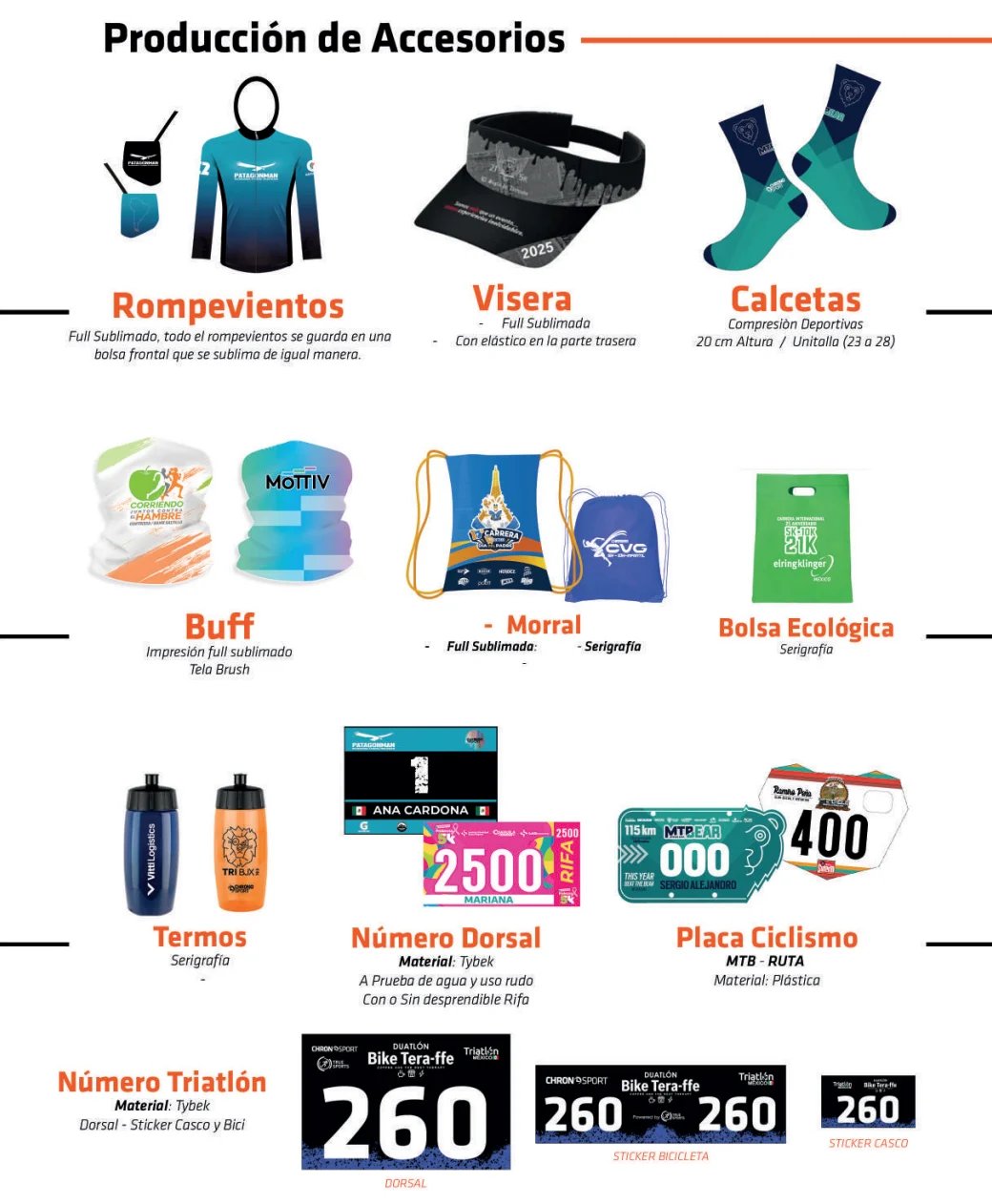 Product lineup showing various accessories including rompevientos, visera, calcetas, buff, morral, bolsa ecologica, termos, numero dorsal, placa ciclismo, and numero triatlon